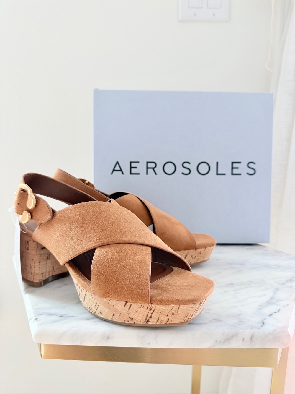 🌟 AEROSOLES Pura Platform Block Heel Sandals Tan Suede Cork 6.5
